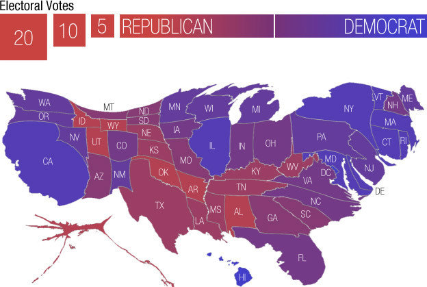 A cartogram of the U.S. with states sized proportionally by electoral votes. Map by Adam Cole.