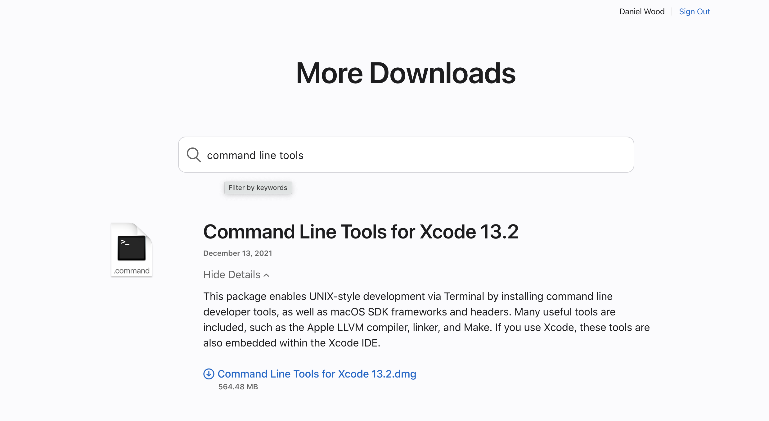 Screen cap of command line tools download page