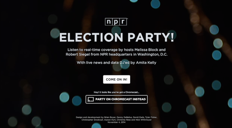 The NPR Election Party welcome screen