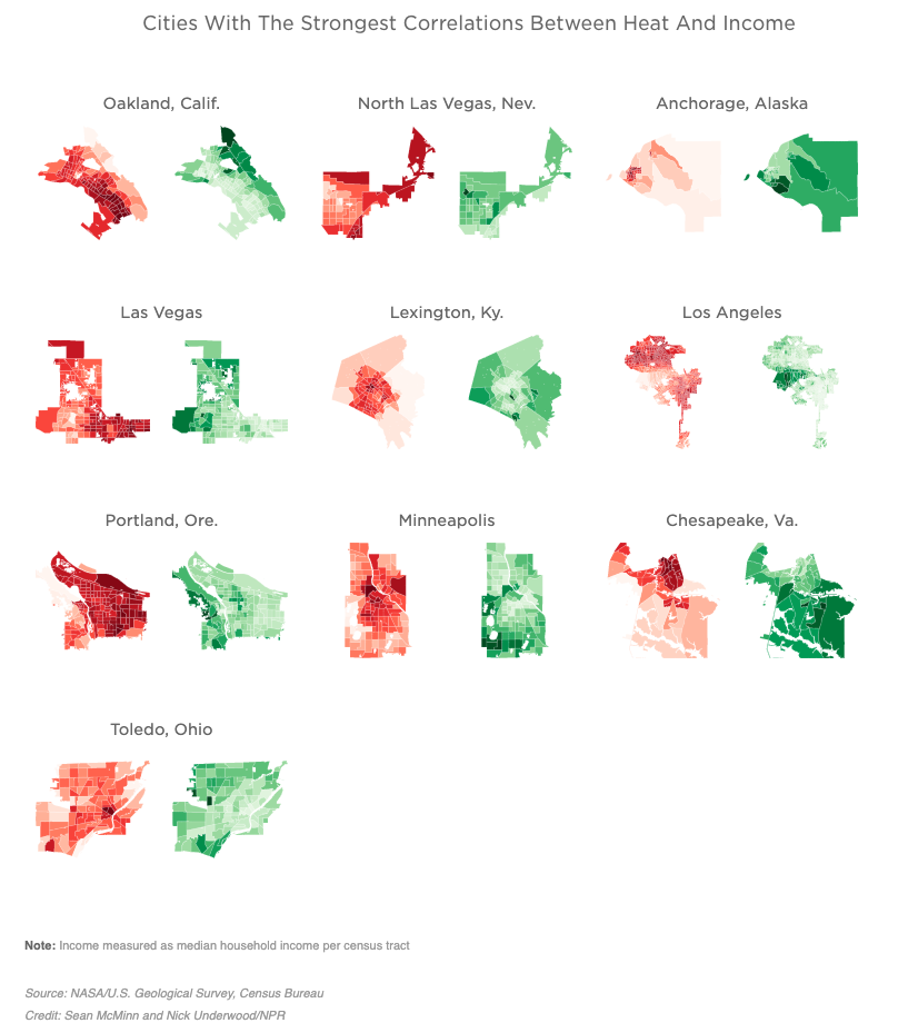 Cities with strongest correlation between heat and income