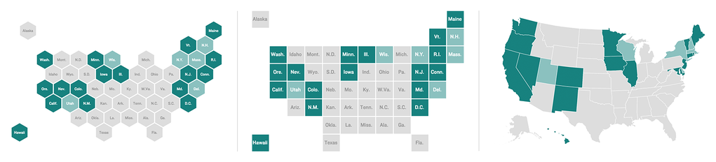 A hexagon tile grid, square tile grid and geographic choropleth map. Maps by Danny DeBelius and Alyson Hurt