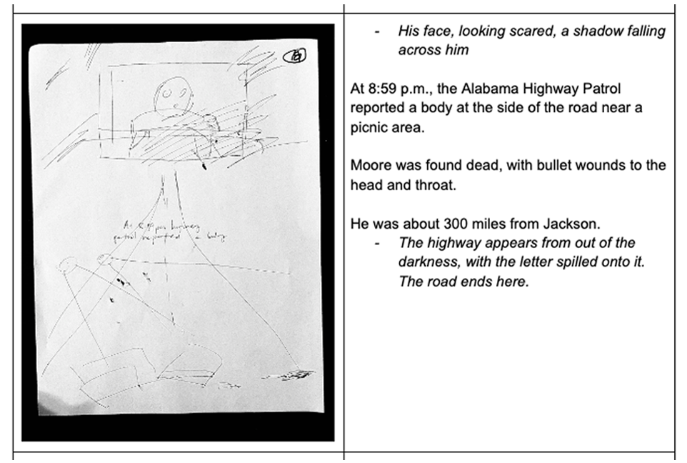 A photo of a thumbnail paired with this text: His face, looking scared, a shadow falling across him. At 8:59 p.m., the Alabama Highway Patrol reported a body at the side of the road near a picnic area. Moore was found dead, with bullet wounds to the head and throat. He was about 300 miles from Jackson. The highway appears from out of the darkness, with the letter spilled onto it. The road ends here.